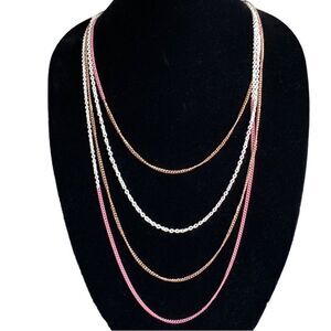 ‎4 Row Layered Long Pink Gold White Chain Statement Necklace